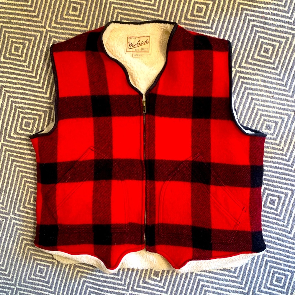 Vintage Woolrich red plaid Sherpa lined wool zip vest, XL